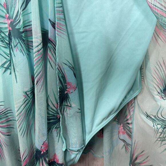 Fit 4 U Womens Plus Floral Print Mesh Splicing Blue Green One Piece Swimsuit - Picture 8 of 15